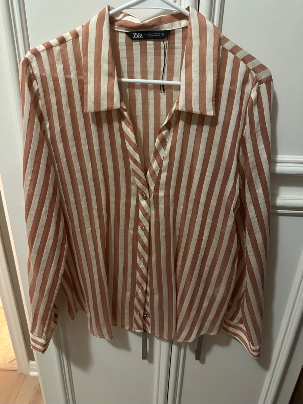 ZARA Striped Button-Down Shirt in Rust and White